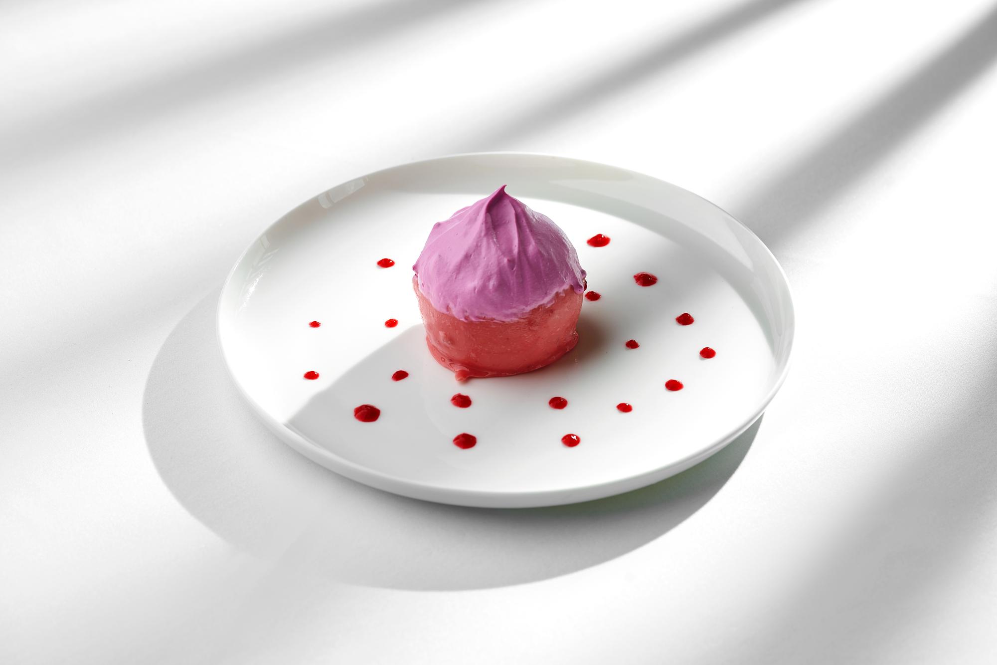 Studio light on plated dessert with geometric garnish