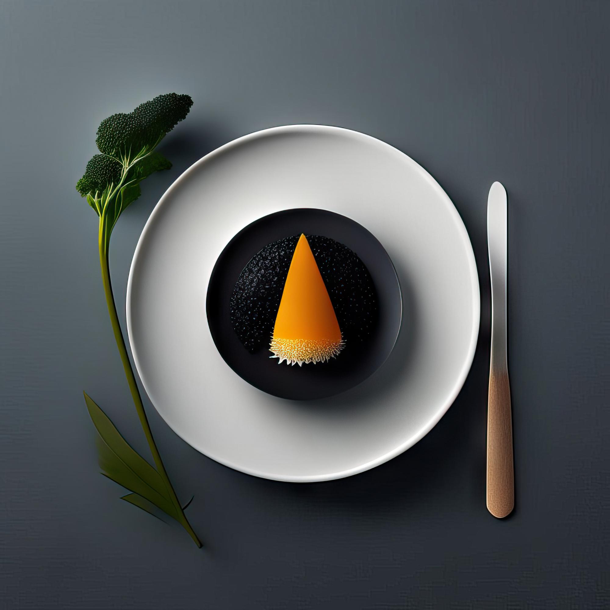 Sleek plated modern dish on dark table